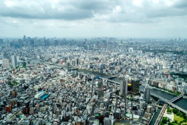 Tokyo 'nun geniş bir hava perspektifi yoğun bir şehir manzarasını gözler önüne seriyor, nehirler, köprüler ve puslu ufka doğru uzanan sayısız binalar.