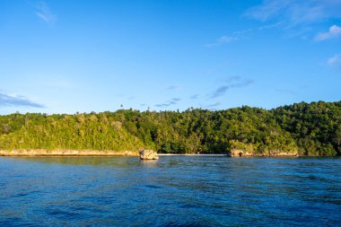 Altın güneş ışığı, günbatımında Lia Sahili, Waleakodi Adası, Togian takımadaları, Sulawesi, Endonezya 'nın yemyeşil ormanlarını ve beyaz kumlarını suyla kaplar.