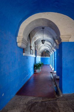 Santa Catalina Manastırı avlusu, canlı mavi duvarlar, ağaçlar ve çiçeklerle, sakin anlar için dingin bir alan sunar.