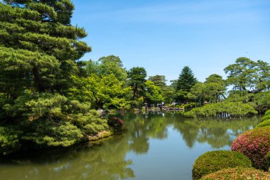 Kanazawa 'daki Kenroku-en Bahçesi, sakin manzaralı çam ağaçları, berrak sular ve huzurlu bir gölet etrafında dikkatlice yerleştirilmiş mevsimlik bitkiler sunar.