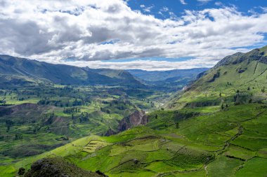 Çarpıcı bir Colca Kanyonu manzarası dramatik uçurumlar, yemyeşil yemyeşil ve açık mavi bir gökyüzü.