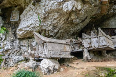 Kaya mağaralarına oyulmuş antik ahşap mezarlar, geleneksel inanç ve atalarımıza saygıyı sembolize eden kutsal bir Toraja tapınağında dinleniyor.