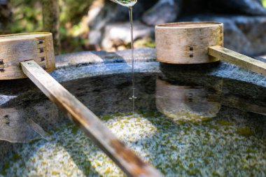 Japonya 'nın Hiroşima kentindeki Mitaki-Dera tapınağındaki Chozuya taş havzasına yerleştirilmiş tahta hishaku kepçesi.