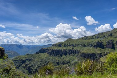 Waqrapukara arkeolojik alanını çevreleyen yeşil dağ tepeleri ve sarp kayalıklar, And 'ın berrak mavi gökyüzü altında nefes kesici panoramik manzaralar sunuyor.