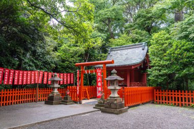 Japonya 'nın Kamakura kentindeki Tsurugaoka Hachiman-gu türbesi içine yerleştirilmiş Maruyama Inari Tapınağı' na giden yol parlak kırmızı torii kapıları ve sancaklarla çevrilidir.