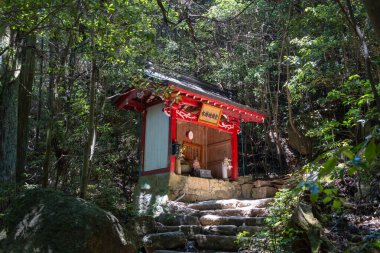Miyajima Adası 'ndaki Misen Dağı' nın orman yolu boyunca yeşil ağaçlar ve taş fenerlerle çevrili huzurlu bir kırmızı ahşap tapınak duruyor.