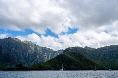 Yüksek yeşil kayalıklar Hakaui Körfezi, Nuku Hiva, Marquesas Adaları, Fransız Polinezyası 'na hakim. Bereketli bitki örtüsü, palmiye ağaçları ve derin vadiler uzak Pasifik kıyı şeridi boyunca nefes kesici bir doğal manzara yaratır.