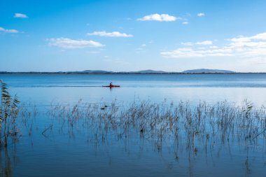 Victoria, Avustralya 'daki Colac Gölü' nün sakin sularında bir kano kayıyor. Huzurlu göl manzarası