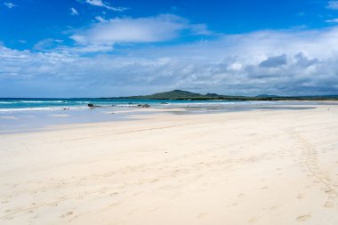 Isabela Adası 'ndaki Puerto Villamil Sahili' nin sakin bir manzarası. Açık turkuaz su ve Galapagos Takımadası, Ekvador 'daki yumuşak kumlu kıyılar.