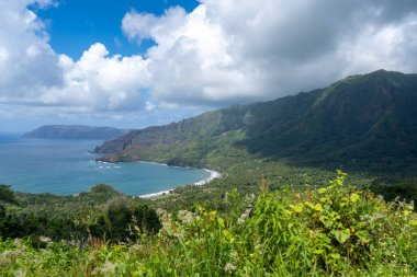 Hiva Oa, Marquesas Adaları, Fransız Polinezyası 'ndaki Puamau kıyısında sarp kayalıklar, yemyeşil tepeler ve Pasifik Okyanusu' nda turkuaz suyu bulunan tenha bir koy bulunur.