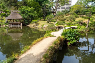 Şık geleneksel köprüler, Japonya 'nın Hiroşima şehrinin göletine kurulmuş sakin bir Japon bahçesi olan Shukkei-en' de sakin bir göleti geçiyor.