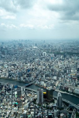 Tokyo 'nun geniş bir hava perspektifi yoğun bir şehir manzarasını gözler önüne seriyor, nehirler, köprüler ve puslu ufka doğru uzanan sayısız binalar.