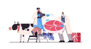 Bilim adamı petri kabına bir damla sıvı koyuyor. Hayvan hücrelerinden yapılan çiğ et ekiliyor. Yapay laboratuvar, et üretimi konsepti yatay vektör çizimi.