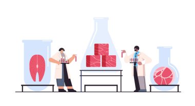 Bilim adamları, hayvan hücrelerinden üretilen kırmızı çiğ etle test tüplerini inceliyor. Yapay laboratuvar, et üretimi konsepti, yatay vektör çizimi.