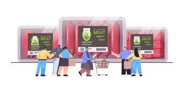 İnsanlar hayvan hücrelerinden üretilen kırmızı çiğ etle plastik kaplar alıyorlar yapay laboratuvar et üretimi konsepti yatay vektör çizimi