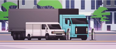 Elektrikli taşımacılık e-hareketli EV yönetim konsepti şehir manzarası arka plan vektör yatay konseptiyle şarj edilmiş elektrik kablosu ile şarj edilen park yeri