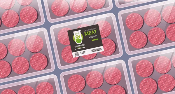 用动物细胞制成的生鲜红肉包装塑料托盘容器牛排人工实验室生肉生产概念横向病媒图解 — 图库矢量图片