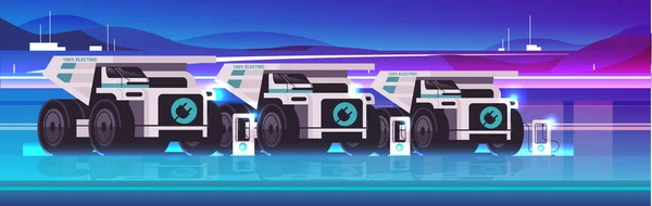 充電時にバッテリー車を充電する電気鉱山ダンプ充電器Ev管理持続可能な輸送コンセプト水平ベクトル図 — ストックベクタ