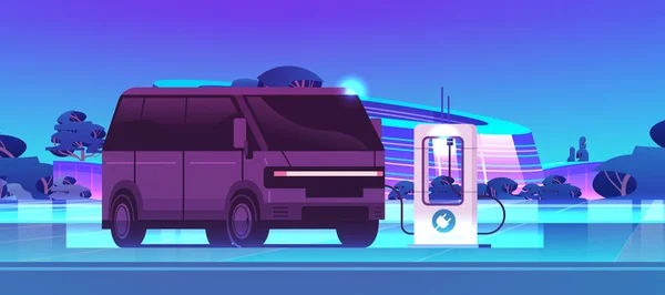 充電時の電気バス充電バッテリ充電器Ev管理ゼロ エミッショントランスポートコンセプト街並み背景水平ベクトル図 — ストックベクタ