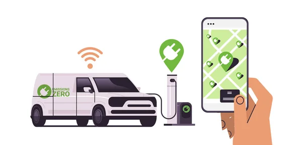 Emberi Kézi Töltésű Elektromos Teherautó Mobil App Akkumulátor Jármű Töltőállomás — Stock Vector