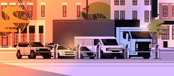 充电站充电器电动车管理可持续交通概念城市景观背景横向矢量图解 — 图库矢量图片