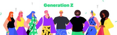Irk gençlerinin bir arada durduğu Z jenerasyonu yaşam tarzı konsepti yeni modern demografi trendi ve yenilikçi gençlik gen yatay illüstrasyon
