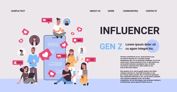 Social Media Influencers Watching Live Streaming Generation Style Concept New - Stok Vektor