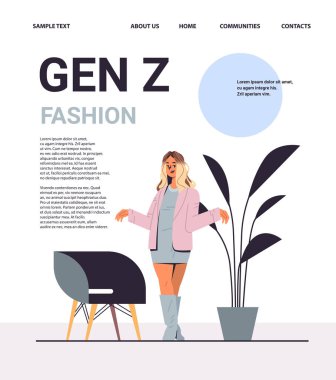 Gelişigüzel giyinen genç kız Z yaşam tarzı konsepti yenilikçi gençlik geninin dikey fotokopi alanı illüstrasyonuyla modern demografi eğilimi