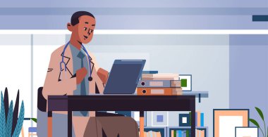 Genç doktor iş yerinde dizüstü bilgisayarda çalışıyor çevrimiçi tıbbi danışmanlık sağlık üretimi z yaşam tarzı konsepti modern kabine iç yatay vektör çizimi