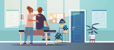 Masör terapist tedavi yapıyor hasta vücuduna masaj yapıyor fiziksel terapi nesli z konsepti modern kabine iç yatay vektör çizimi