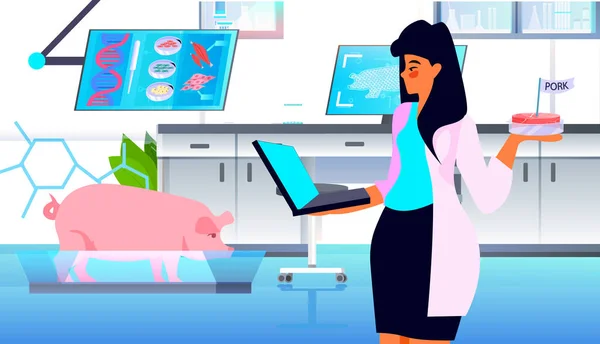 Científico Analizando Adn Carne Cerdo Cultivada Tableta Pantalla Artificial Laboratorio — Vector de stock