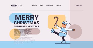 Elf kostüm giymiş şeker kamışı çocuk Noel Baba yardımcı kutluyor mutlu noeller mutlu noeller yatay fotokopi alanı doğrusal vektör çizimi