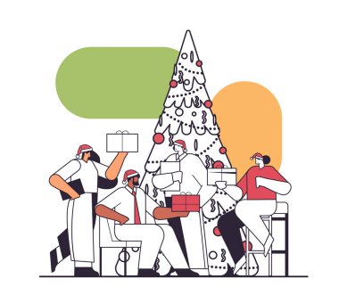 Noel Baba şapkalı insanlar hediyeler taşıyorlar iş adamları yeni yıl Noel 'de köknar ağacı yakınlarında kurumsal partiyi kutluyorlar doğrusal vektör ilüstrasyonunu kutluyorlar.