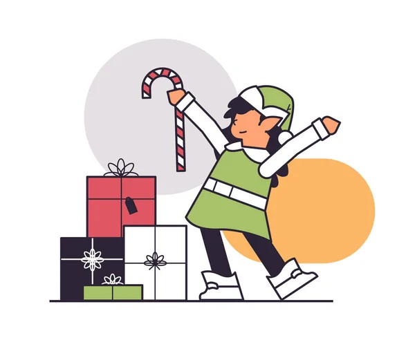 Elfe Tenant Bonbons Fille Canne Santa Helper Avec Des Cadeaux — Image vectorielle