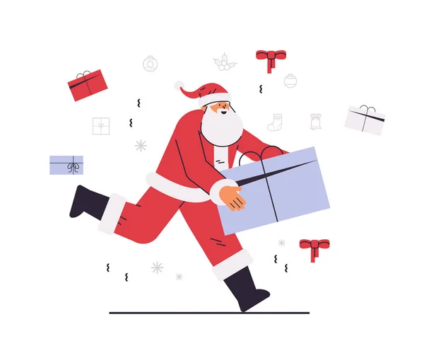 クリスマスのお祝いのコンセプトのためのラップギフトボックスの準備を運ぶサンタクラス水平ベクトルイラスト — ストックベクタ