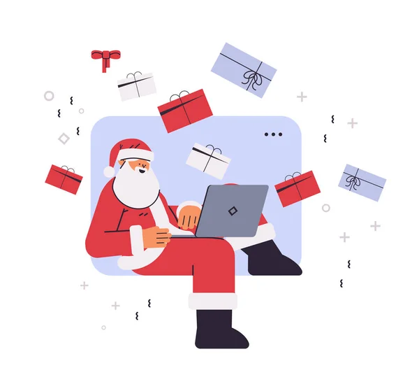 Babbo Natale Utilizzando Computer Portatile Capodanno Vacanze Natale Concetto Orizzontale — Vettoriale Stock
