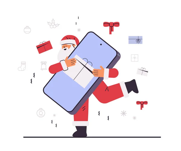 Άγιος Βασίλης Κρατώντας Smartphone Κουτί Δώρου Στην Οθόνη Του Νέου — Διανυσματικό Αρχείο
