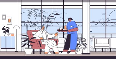 Dost canlısı hemşire ya da gönüllü yaşlı bir adama evde bakım hizmetleri sağlık hizmetleri ve sosyal destek konsepti oturma odası içsel vektör ilüstrasyonuna hap getiriyor