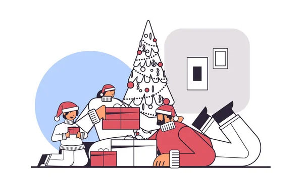 Сім Капелюхах Санти Тримає Подарунки Новорічні Різдвяні Свята Концепція Святкування — стоковий вектор