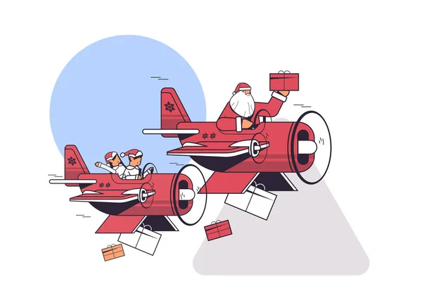 Elfos Con Santa Claus Avión Volador Con Regalos Feliz Navidad — Archivo Imágenes Vectoriales