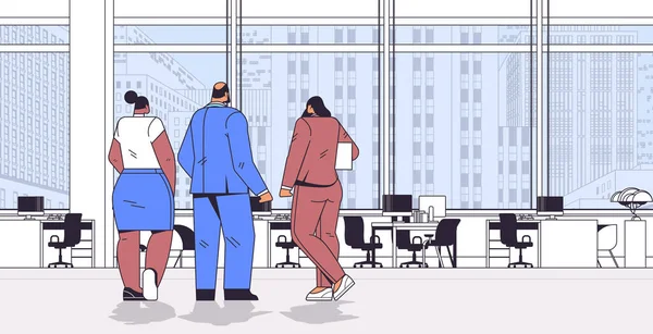 mix race businesspeople team standing back to camera rear view of business people group modern office interior horizontal full length linear vector illustration