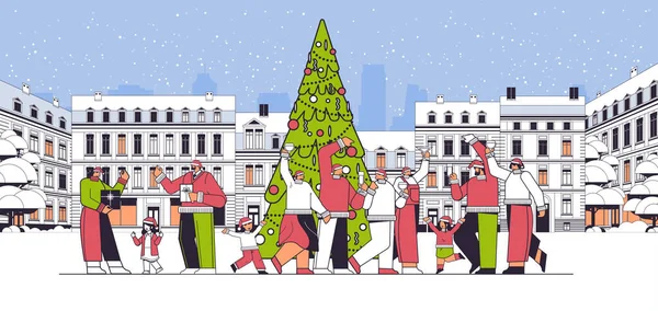 People Santa Hats Having Fun Drinking Champagne Decorated Christmas Tree — Stock Vector