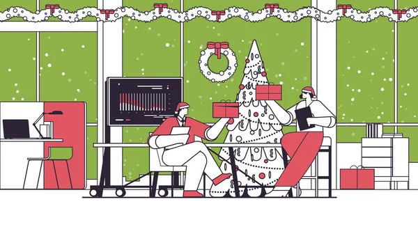 Бізнесмени Капелюхах Санти Тримають Подарунки Бізнесменам Святкують Корпоратив Новорічні Різдвяні — стоковий вектор