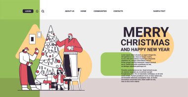 Noel Baba şapkalı aile Noel ağacını süslüyor mutlu yıllar Noel bayramı kutlaması konsepti uzay doğrusal illüstrasyonunu kopyala