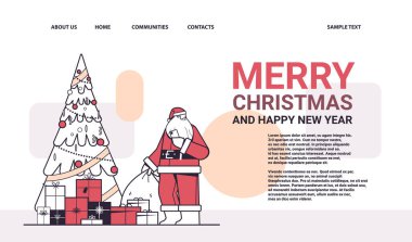 Akıllı telefon kullanarak Noel Baba 'nın hediye paketi mutlu yıllar Noel kutlaması hediye kartı yatay fotokopi alanı doğrusal vektör çizimi