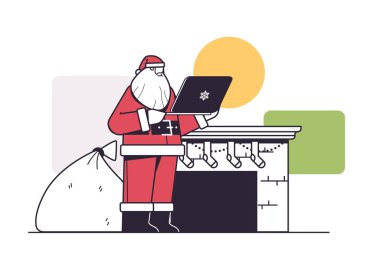 Laptop kullanarak hediye paketi ile Noel Baba mutlu yıllar Noel kutlaması konsepti yatay vektör çizimi