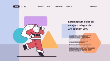 Noel Baba kostümlü adam elinde çuvalla mutlu noeller Noel kutlaması konsepti yatay fotokopi alanı doğrusal vektör çizimi