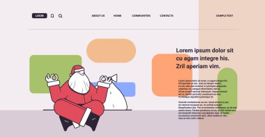 Hediye kutusu olan Noel Baba oturmakta olan Lotus mutlu noeller Noel kutlaması konsepti fotokopi uzayı doğrusal vektör illüstrasyonu
