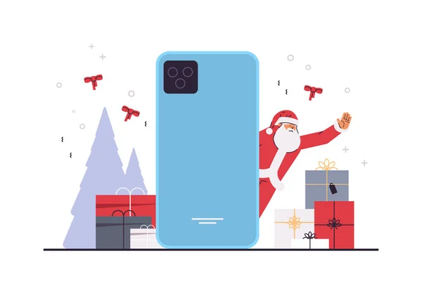 Santa Claus Con Regalos Envueltos Con Teléfono Inteligente Año Nuevo — Vector de stock