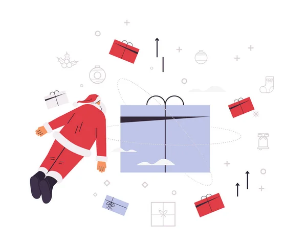 Weihnachtsmann Mit Verpacktem Geschenk Vorbereitung Auf Das Neue Jahr Weihnachtsfeier — Stockvektor